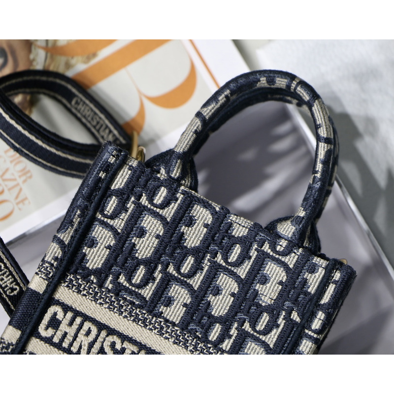 D*or book tote phone bag blue toile de jouy reverse embroidery mini