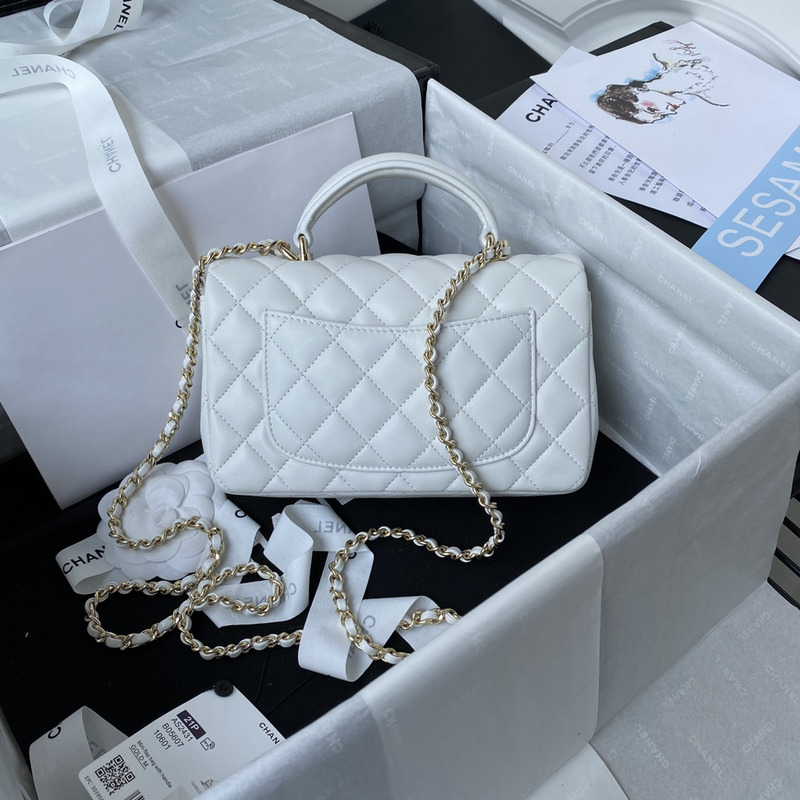 Ch*el mini flap bag with top handle lambskin & gold-tone metal white