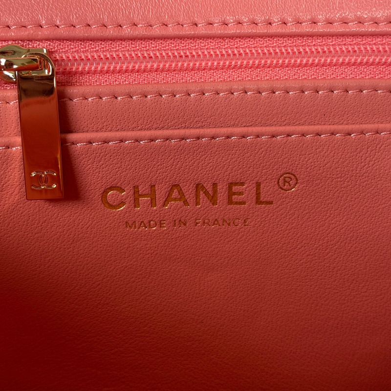 Ch*el mini flap bag with top handle lambskin & gold-tone metal pink