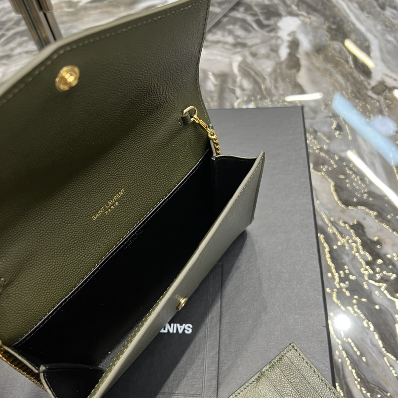 Saint Laurent Uptown Chain Wallet In Grain de Poudre Embossed Leather Olive Green
