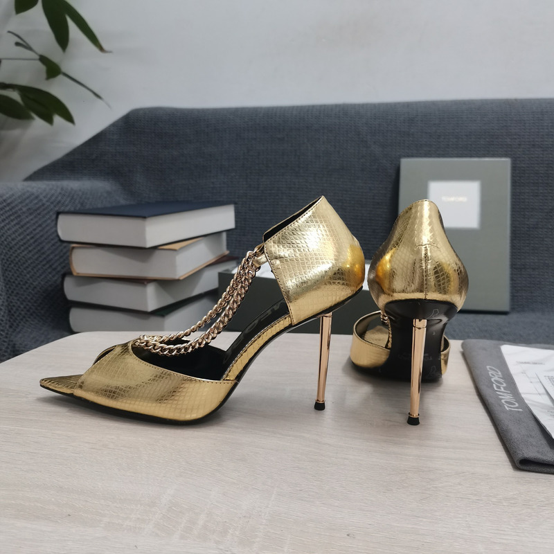 Tom Ford Open Toe Pointed Toe Chain Detail High Heel in Light Gold