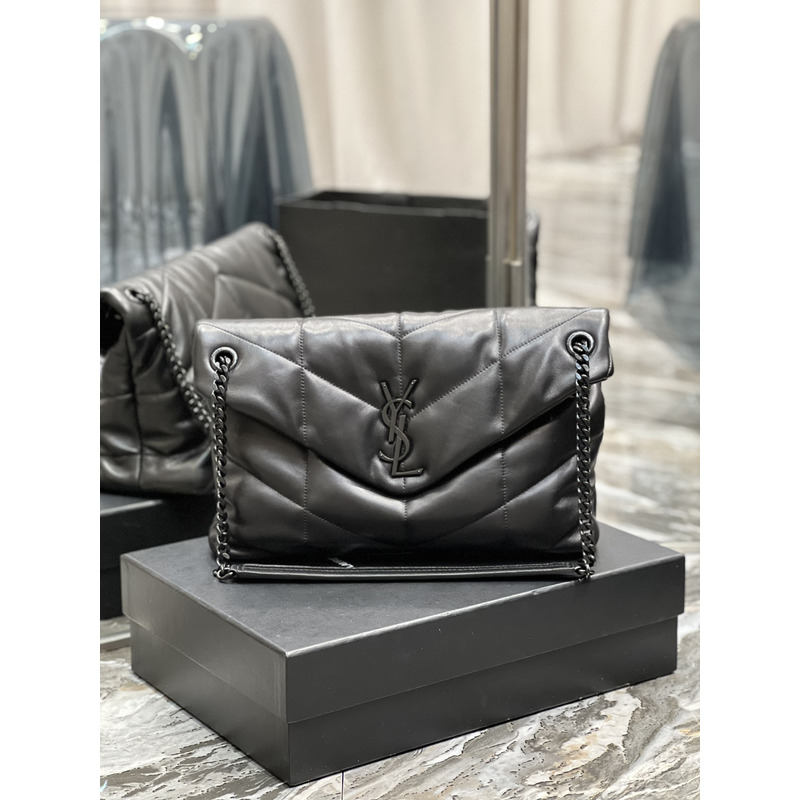 Saint Laurent Puffer Lambskin Chain Bag Matte Black Metal Hardware Medium