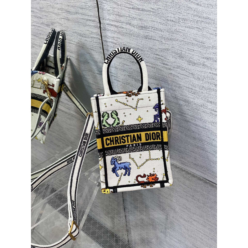 D*or mini book tote phone pouch multicolor D*or zodiac pixel pattern embroidery in cream fabric