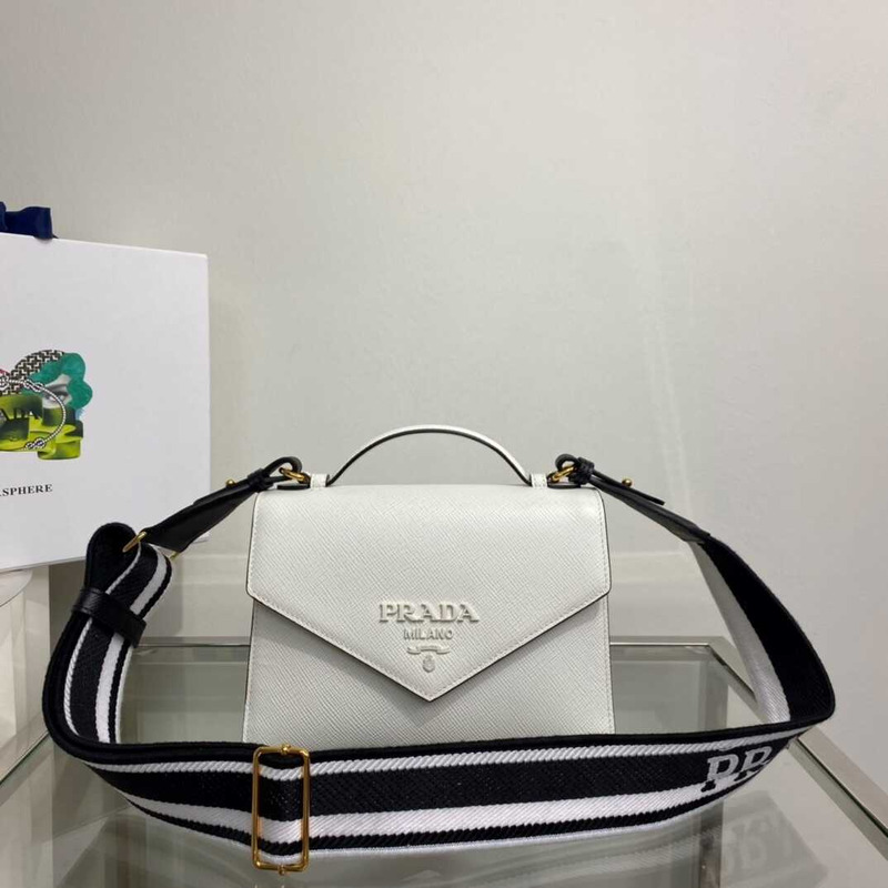 pra*a monoCh*0me saffiano leather bag white
