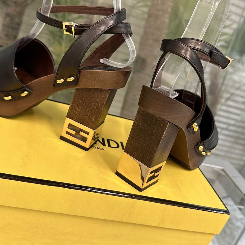 F**di black leather high heel show clogs