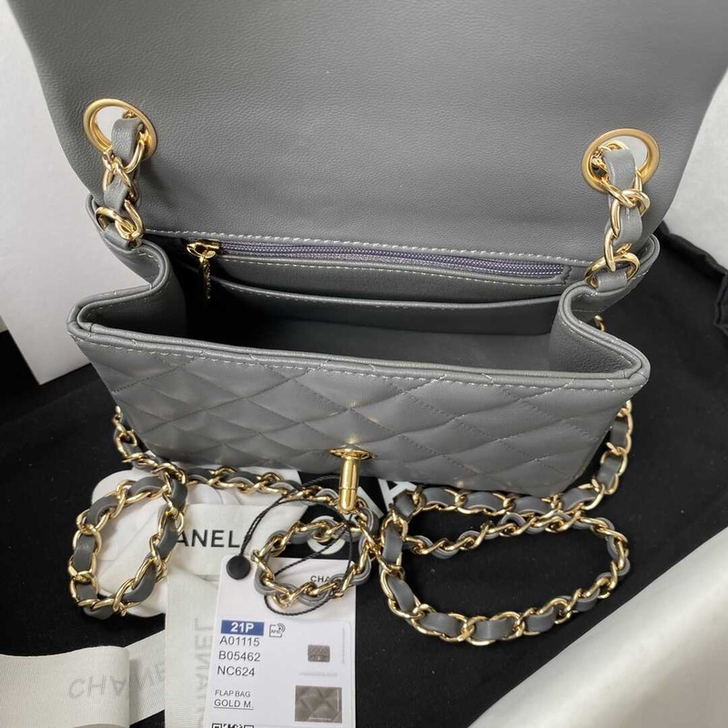 Ch*el mini flap bag lambskin & gold-tone metal grey