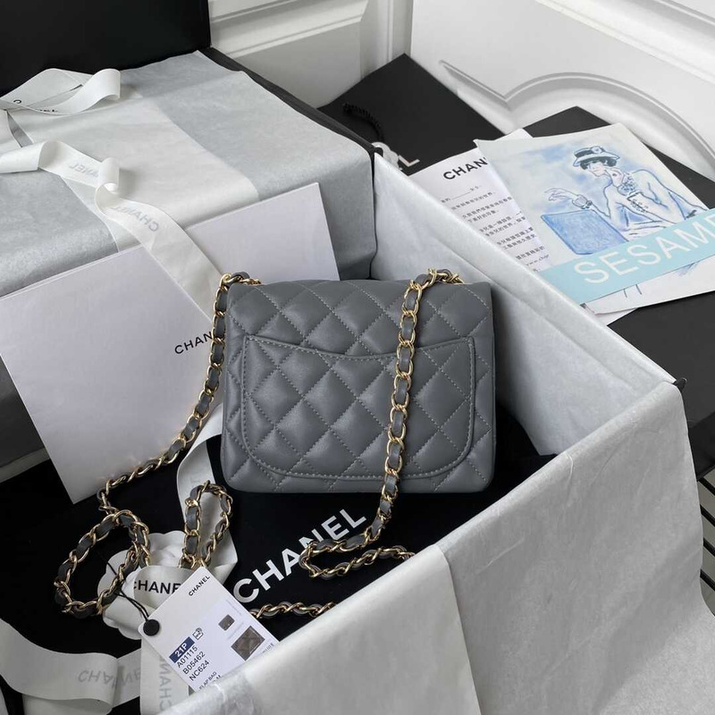 Ch*el mini flap bag lambskin & gold-tone metal grey