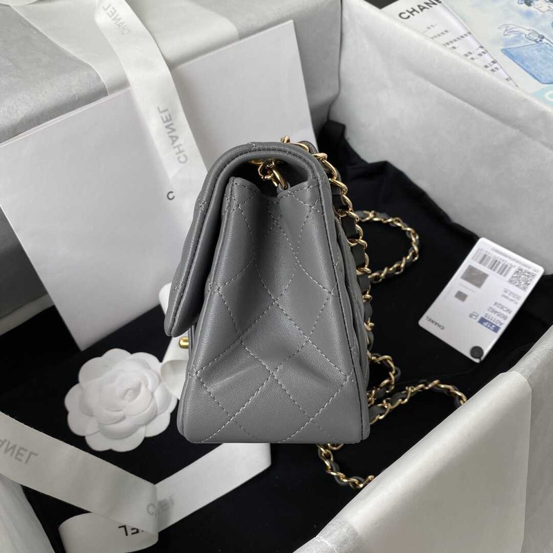 Ch*el mini flap bag lambskin & gold-tone metal grey