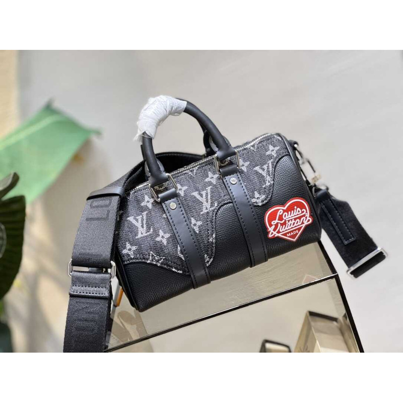 l**is V*t*n virgil abloh monogram denim taurillon leather keepall xs black