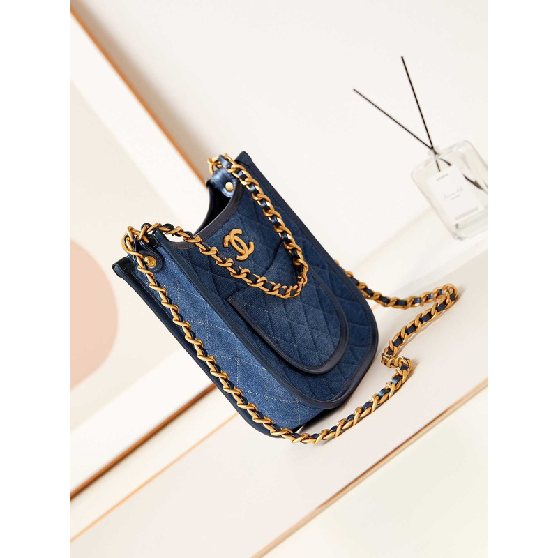 Ch*el hobo handbag washed denim & gold-tone metal blue
