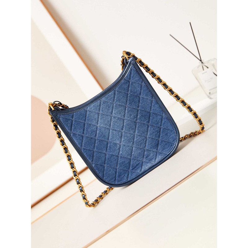Ch*el hobo handbag washed denim & gold-tone metal blue