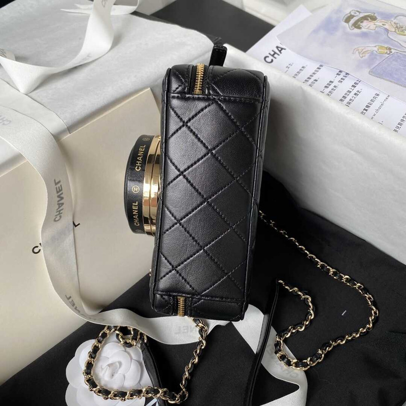 Ch*el camera bag lambskin & gold-tone metal black