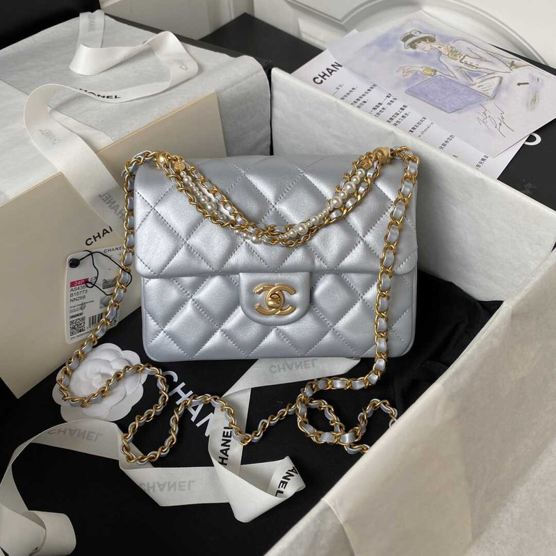 Ch*el mini flap bag shiny lambskin, imitation pearls & gold-tone metal silver
