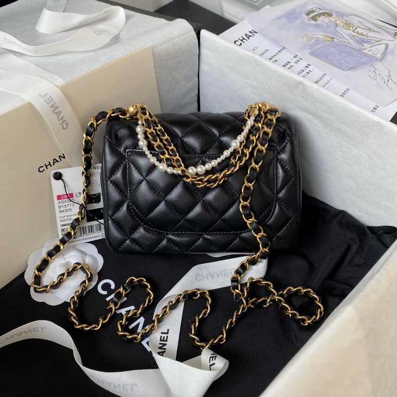 Ch*el mini flap bag shiny lambskin, imitation pearls & gold-tone metal black