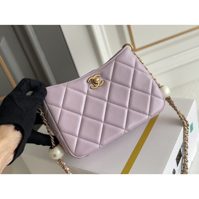 Ch*el shoulder bag lambskin imitation pearls & gold-tone metal pink