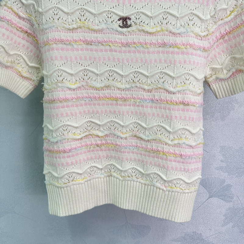 Ch*el logo knitted hollow short sleeve white&pink